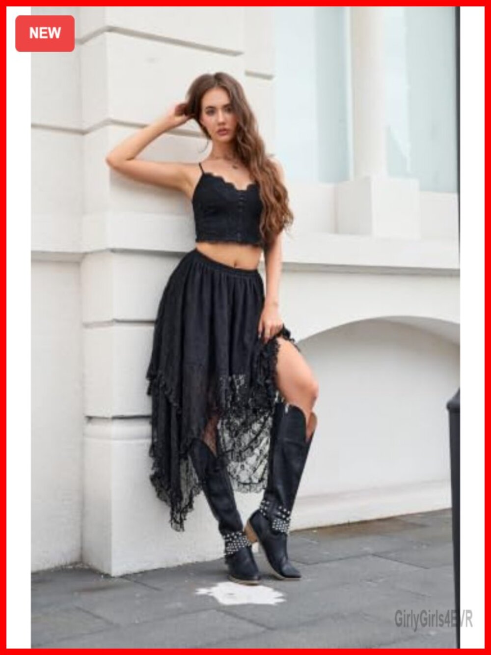 Lace Maxi Skirt Asymmetrical Ruffle Hem Flowy Boho Womens - Picture 6 of 6